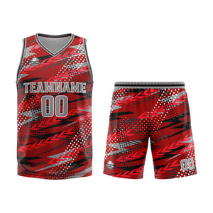 Uniforme de baloncesto personalizado rojo y gris con tu logotipo-nombre y número impresos