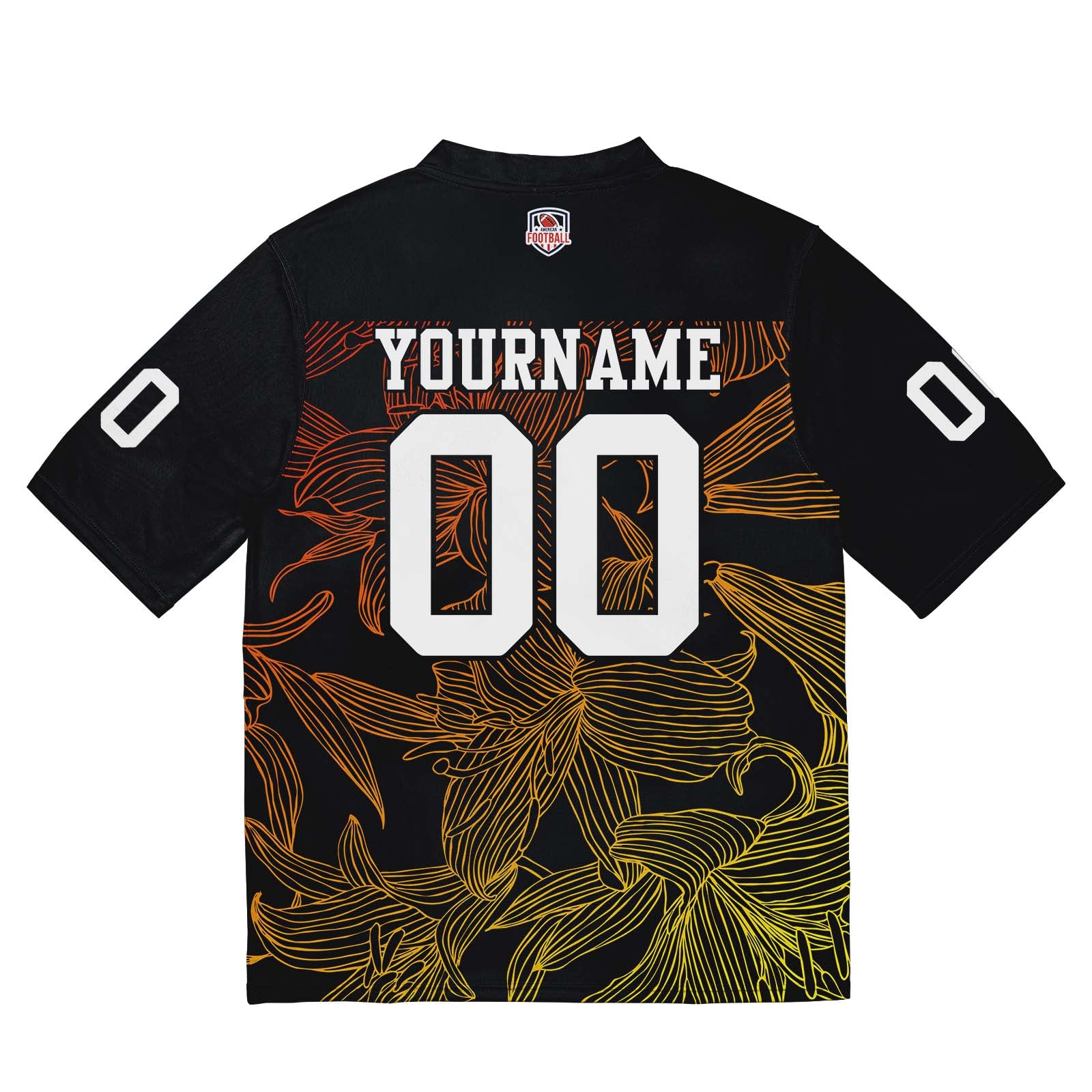 Camiseta de fútbol personalizada con nombre y número del equipo bordados y estampados en degradado naranja y amarillo