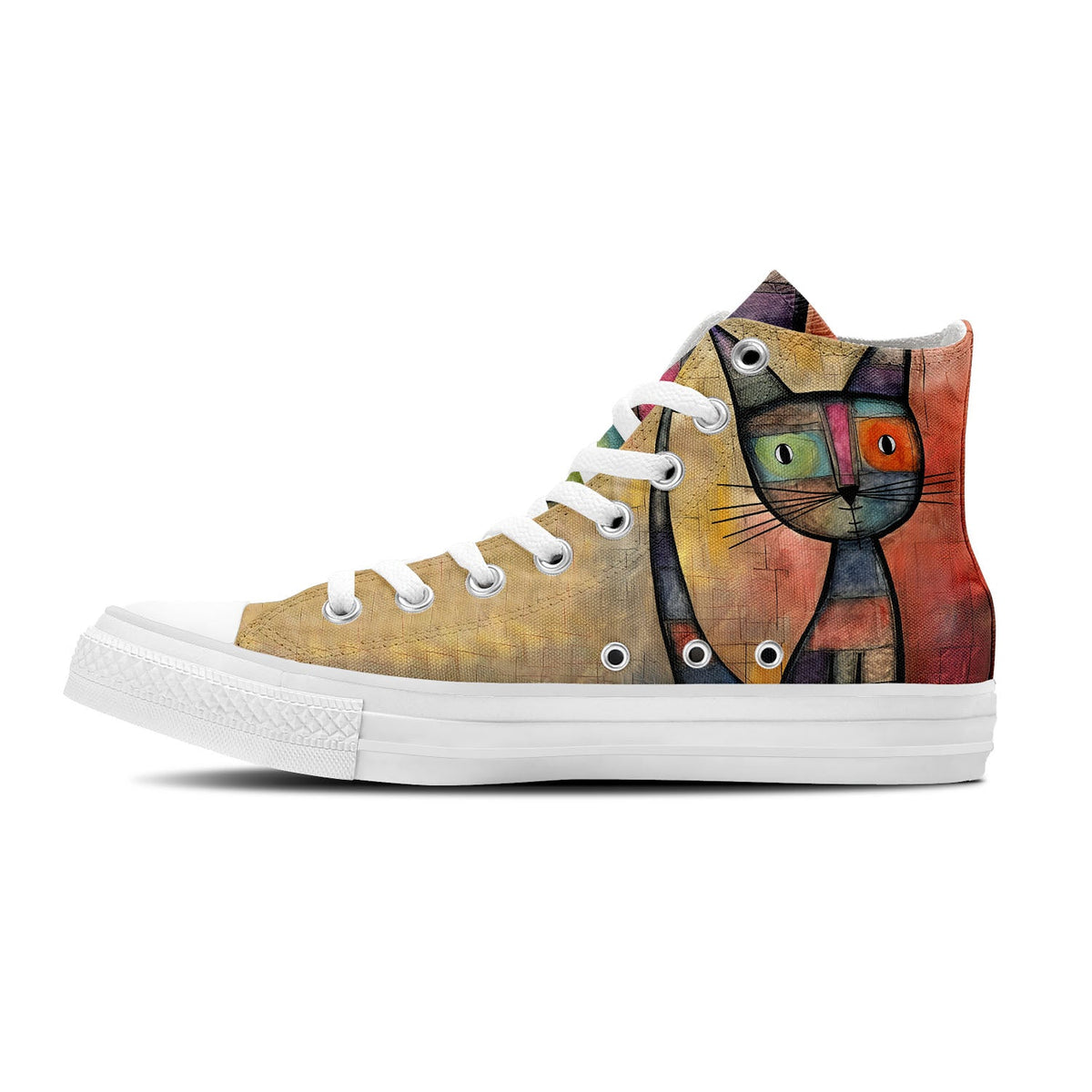 Abstract Purrfection: Zapatillas de lona de media caña para hombre y mujer: realza tu estilo con estas zapatillas de lona de caña media que presentan la elegante y divertida estética de los diseños de gatos