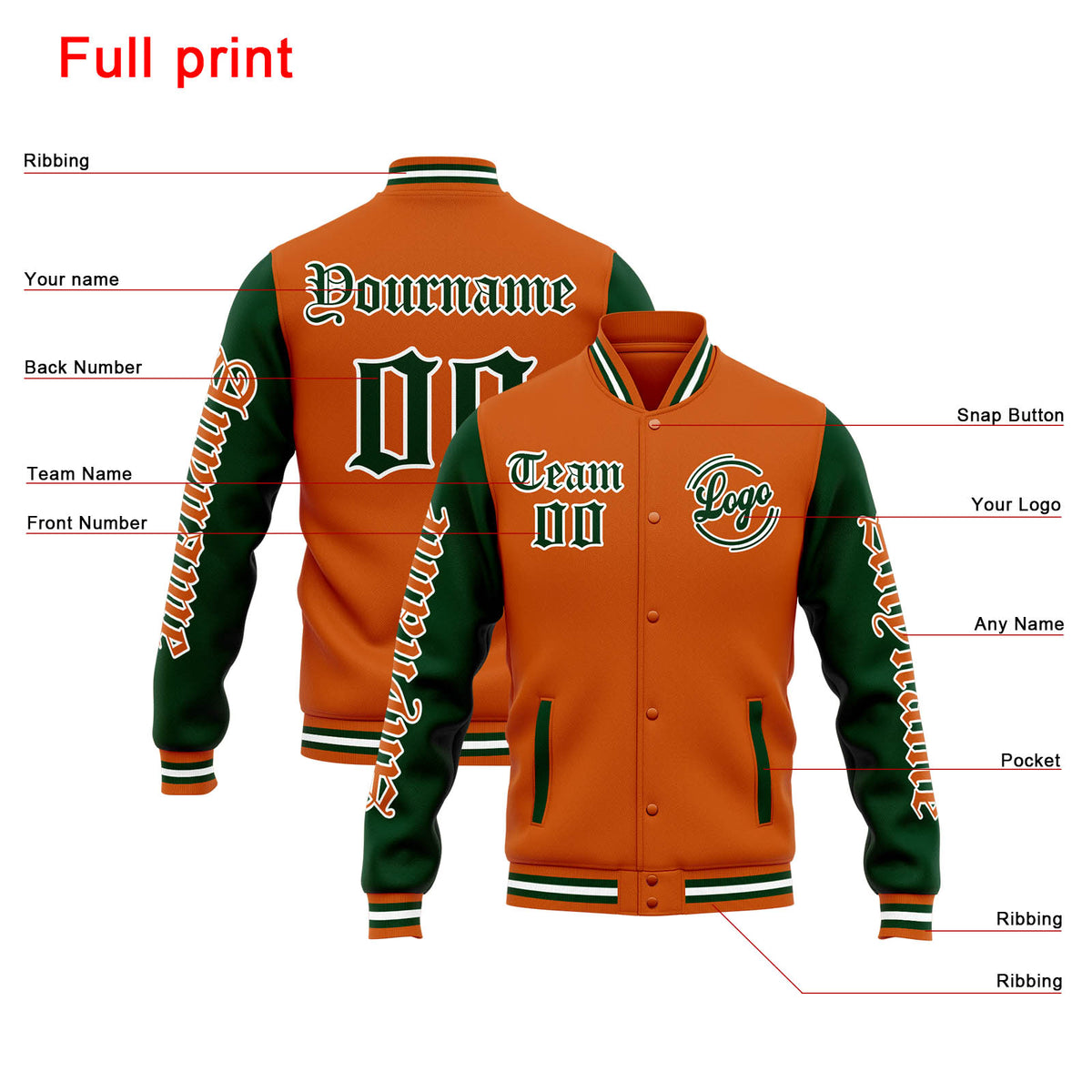 Chaqueta universitaria personalizada estilo Letterman para hombres-mujeres y jóvenes-color naranja y verde oscuro