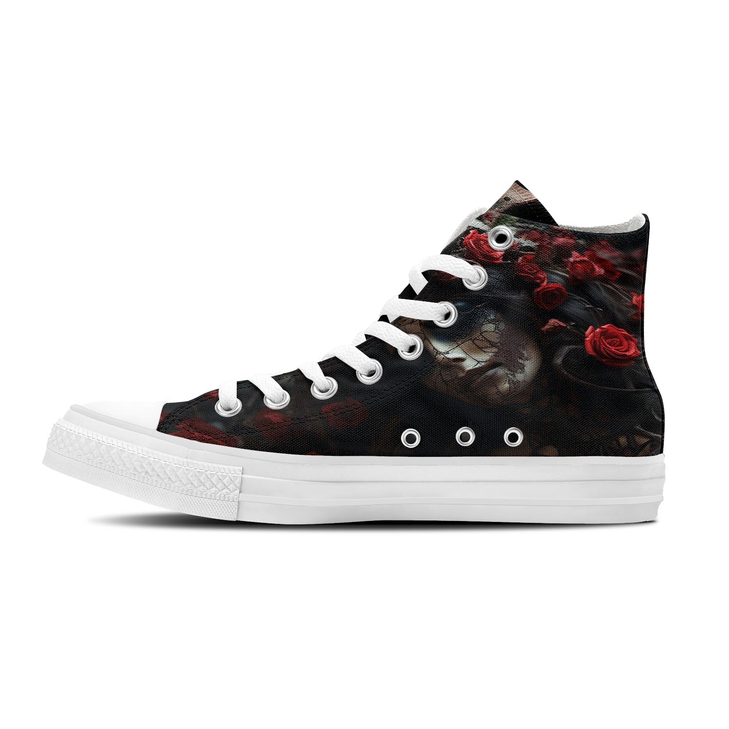 Fragancia sangrienta: Rosas rojas y calaveras se unen-zapatillas de lona de media caña que despiertan un sentido de la moda único