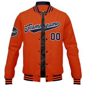 Chaqueta universitaria personalizada estilo Letterman para hombres-mujeres y jóvenes-color azul marino y naranja