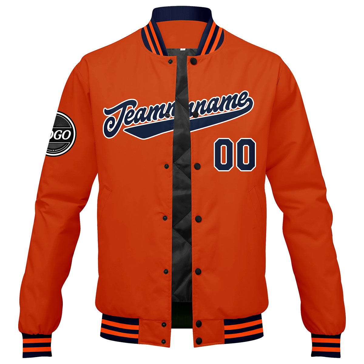 Chaqueta universitaria personalizada estilo Letterman para hombres-mujeres y jóvenes-color azul marino y naranja