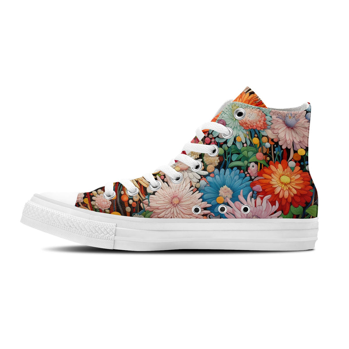 Pétalos artísticos: da rienda suelta a tu creatividad con estas zapatillas de lona de caña alta Moda unisex adornada con el cautivador y divertido estampado de crisantemos
