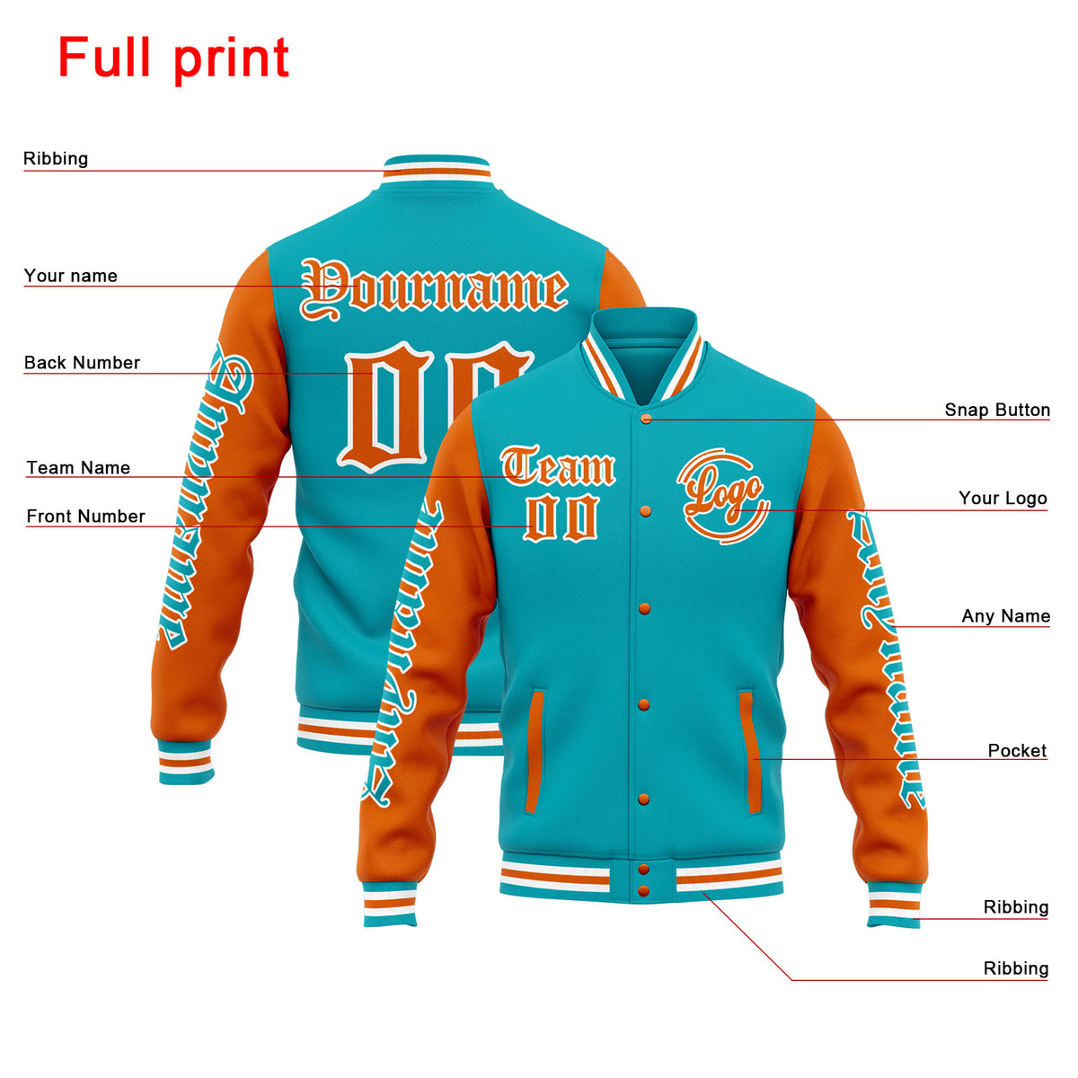 Chaqueta universitaria personalizada estilo Letterman para hombres-mujeres y jóvenes-color verde azulado y naranja