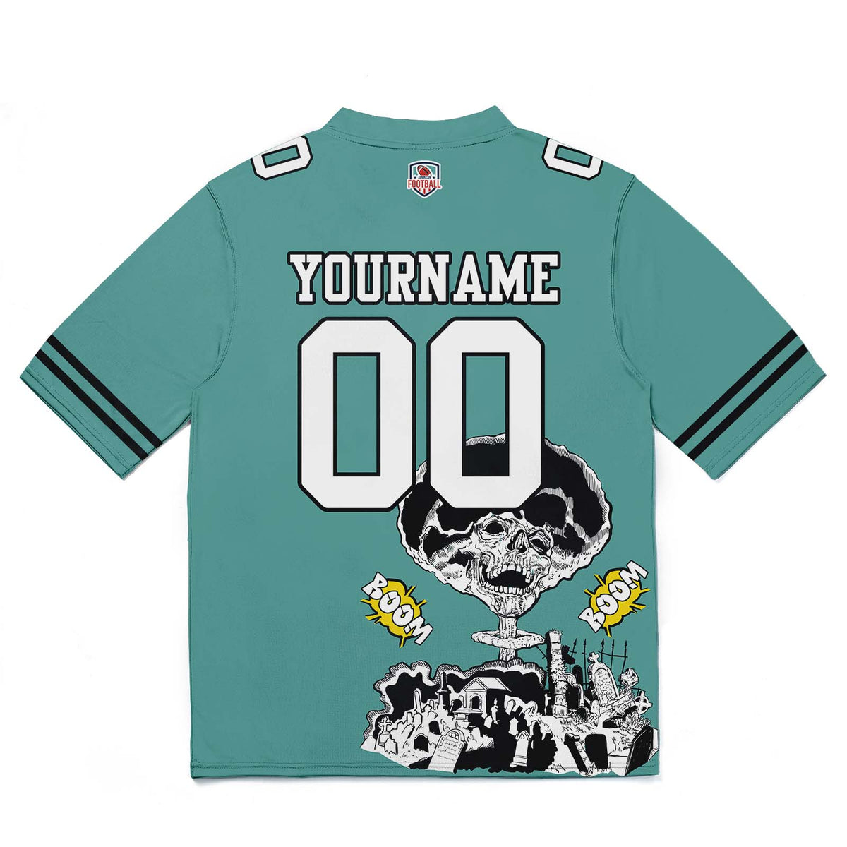 Camiseta de fútbol personalizada con nombre y número del equipo bordados y estampados en azul aguamarina