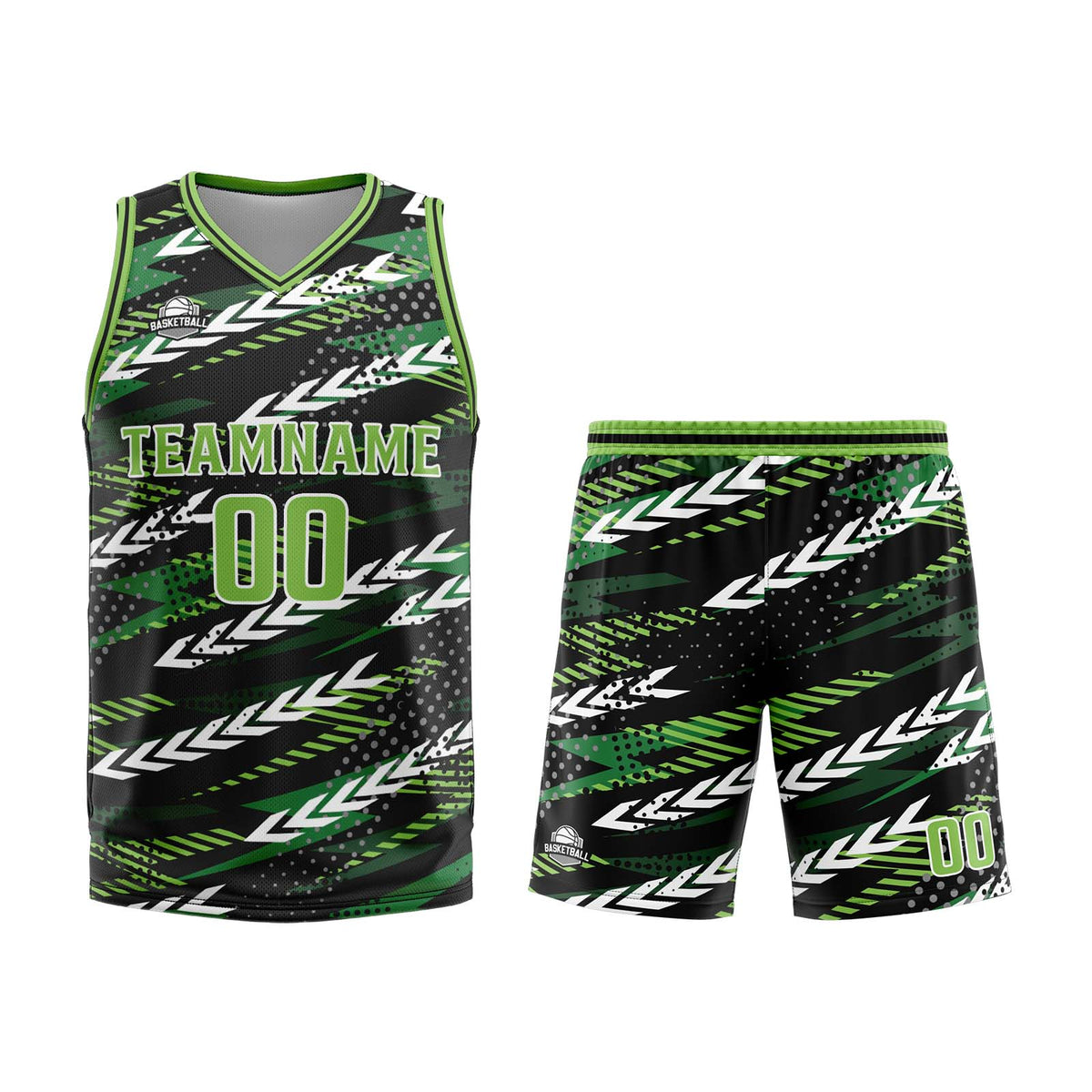Uniforme de baloncesto personalizado en negro y verde con tu logotipo-nombre y número impresos