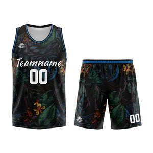 Uniforme de baloncesto personalizado negro con estampado de logotipo-nombre y número de la selva tropical