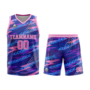 Uniforme de baloncesto personalizado rosa y morado con tu logotipo-nombre y número impresos
