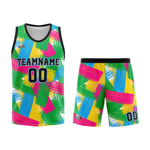 Uniforme de baloncesto personalizado verde y rosa con tu logotipo-nombre y número impresos