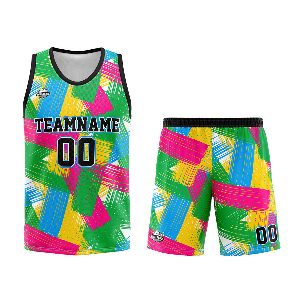 Uniforme de baloncesto personalizado verde y rosa con tu logotipo-nombre y número impresos