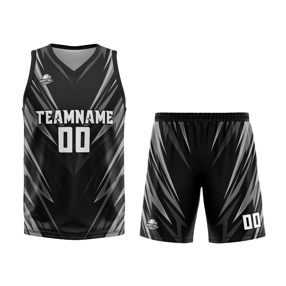 Uniforme de baloncesto negro con triángulo personalizado impreso con su logotipo-nombre y número