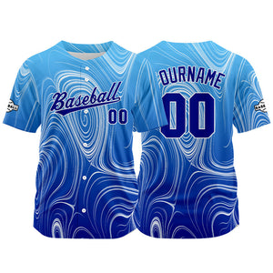 Camiseta de béisbol azul con dise?o personalizado estampado completo