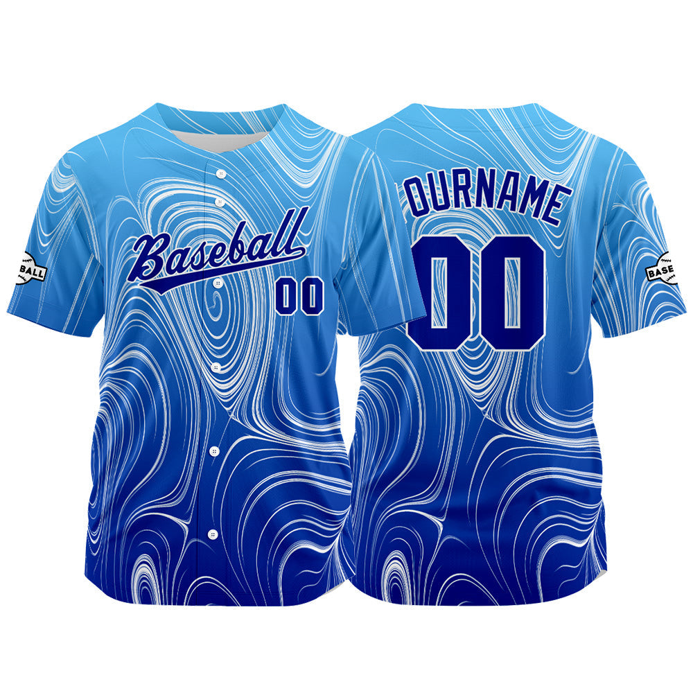 Camiseta de béisbol azul con dise?o personalizado estampado completo