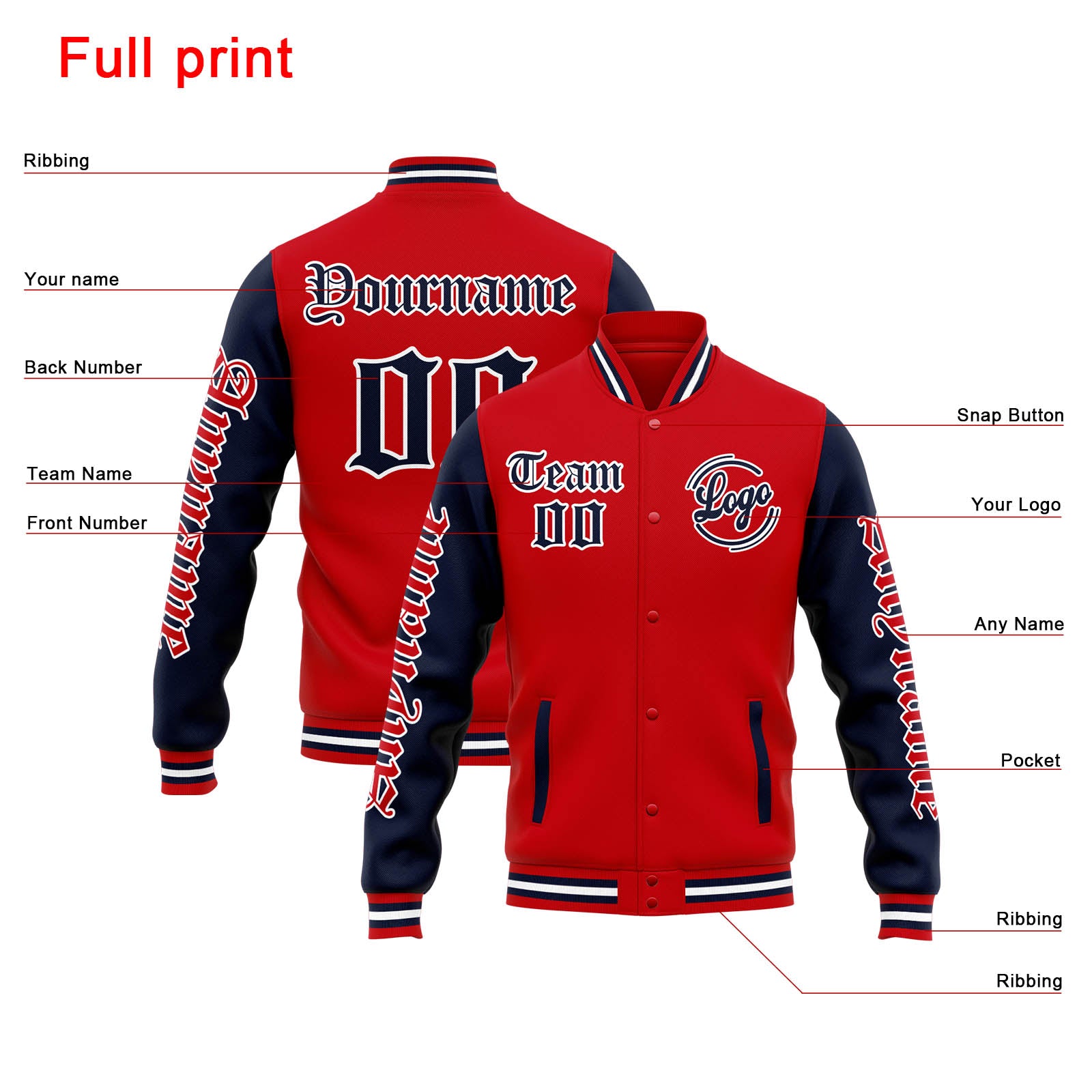 Chaqueta universitaria personalizada estilo Letterman para hombres-mujeres y jóvenes-color rojo y azul marino