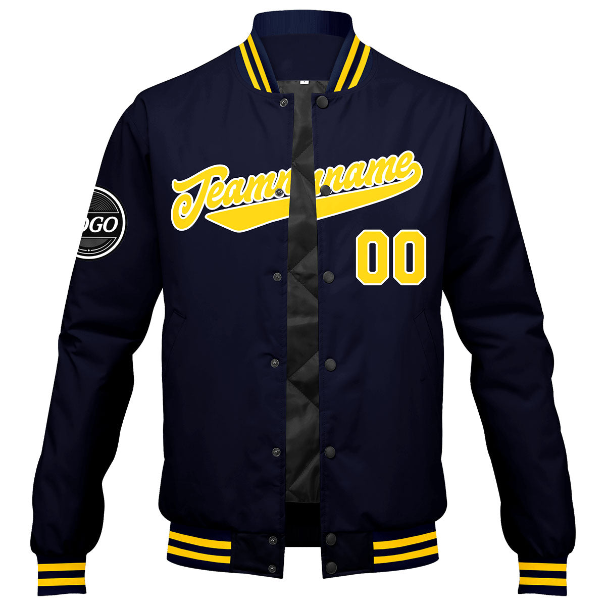 Chaqueta universitaria personalizada estilo Letterman para hombres & mujeres y jóvenes & color azul marino y amarillo