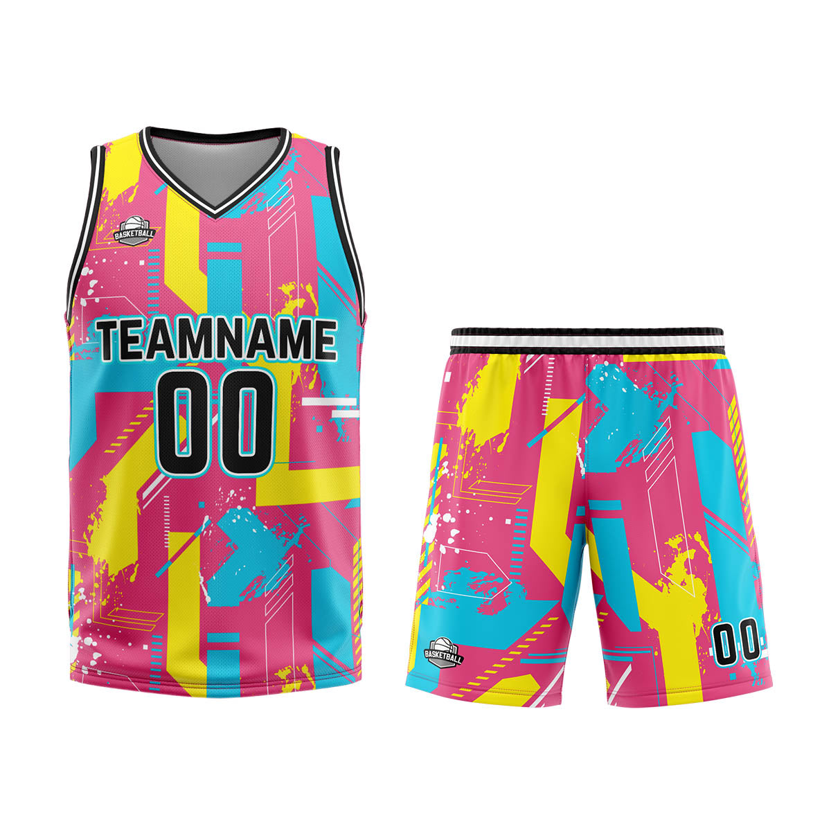 Uniforme de baloncesto rosa y amarillo con diseño geométrico personalizado-estampado con tu logotipo-nombre y número