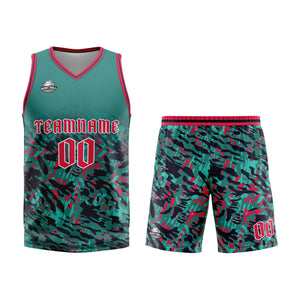 Uniforme de baloncesto personalizado verde y rojo con tu logotipo-nombre y número impresos