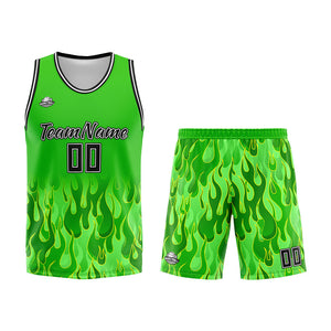 Uniforme de baloncesto personalizado con diseño de llama verde impreso con tu logotipo-nombre y número