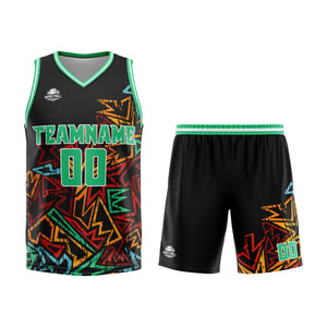 Uniforme de baloncesto verde con geometría dañada personalizada-impreso con tu logotipo-nombre y número