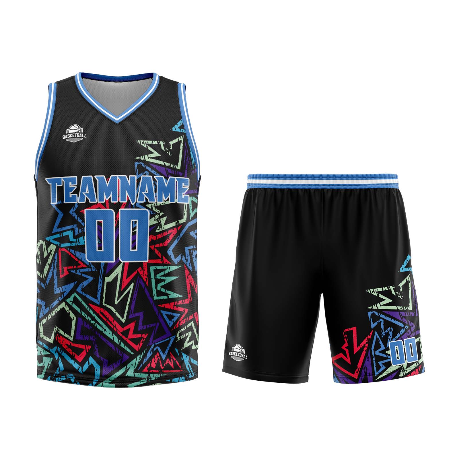 Uniforme de baloncesto azul con diseño geométrico personalizado y dañado-impreso con tu logotipo-nombre y número
