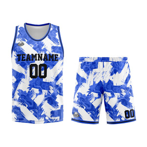 Uniforme de baloncesto personalizado azul y blanco con tu logotipo-nombre y número impresos
