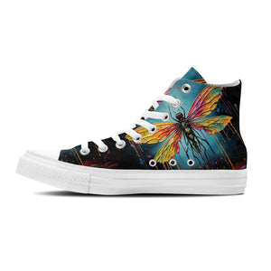 Elegancia abstracta: Zapatillas de lona de media caña para hombre y mujer -Descubre la fusión de arte y moda con imágenes de libélulas que gotean
