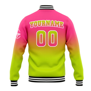 Chaqueta universitaria personalizada estilo Letterman para hombres-mujeres y jóvenes-color rosa y verde chartreuse