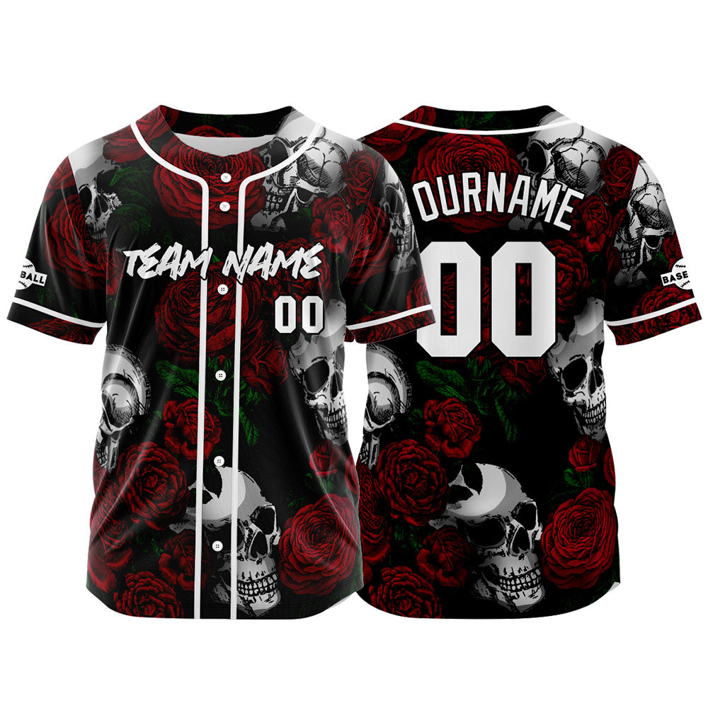 Camiseta de béisbol personalizada para hombres mujeres ni?os y jóvenes con bordados y estampado de calavera rosa y rojo