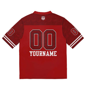 Camiseta de fútbol personalizada con nombre y número del equipo impresos y bordados en color rojo