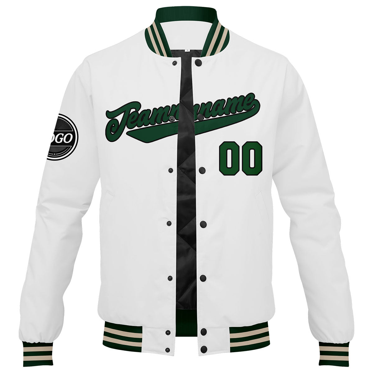 Chaqueta universitaria personalizada estilo Letterman para hombres-mujeres y jóvenes-color verde oscuro-blanco y crema