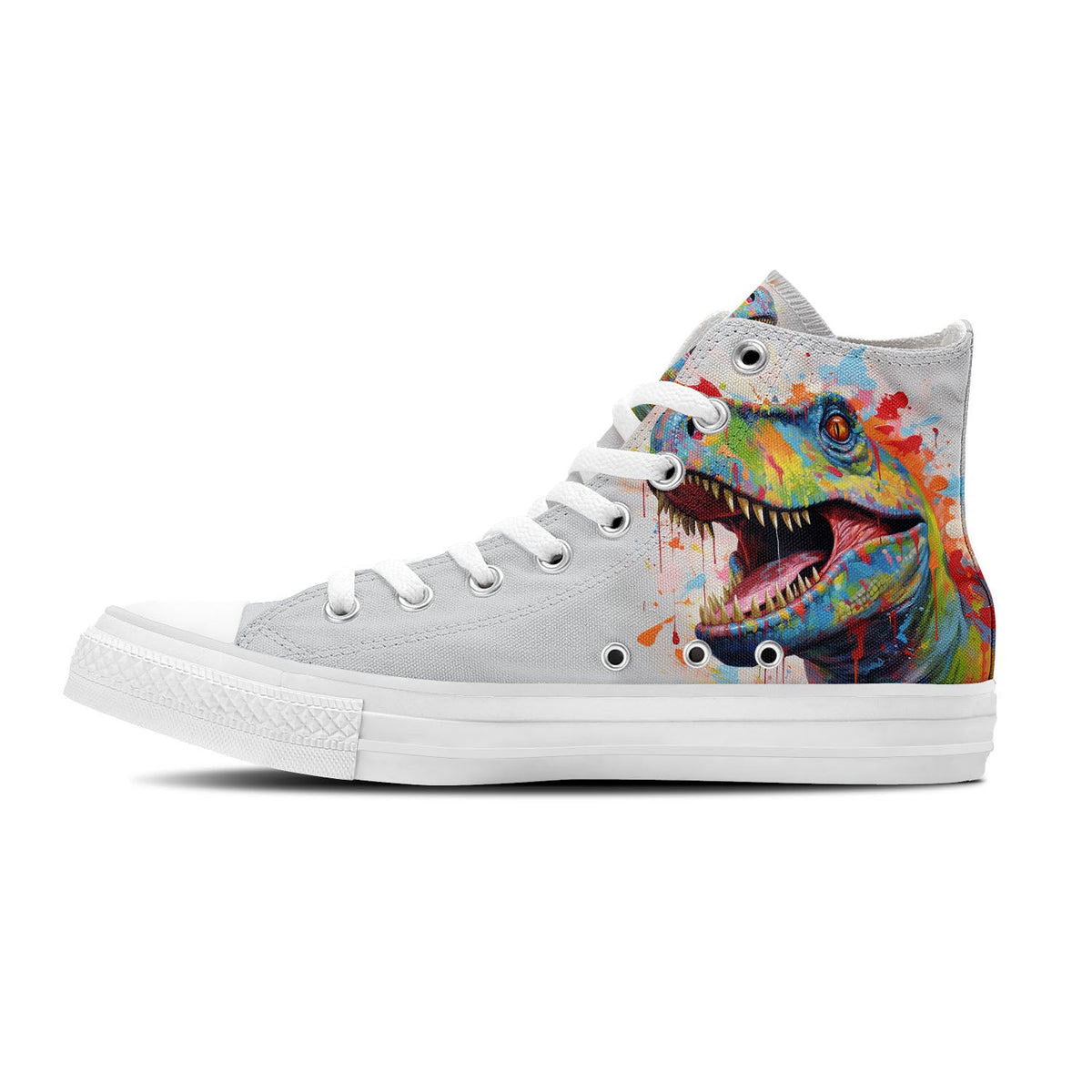 Caleidoscopio Jurásico: Zapatillas de lona de media caña para hombre y mujer -Recorre la jungla de la moda con arte inspirado en dinosaurios-una fusión de diseños coloridos y un estilo Dots divertido