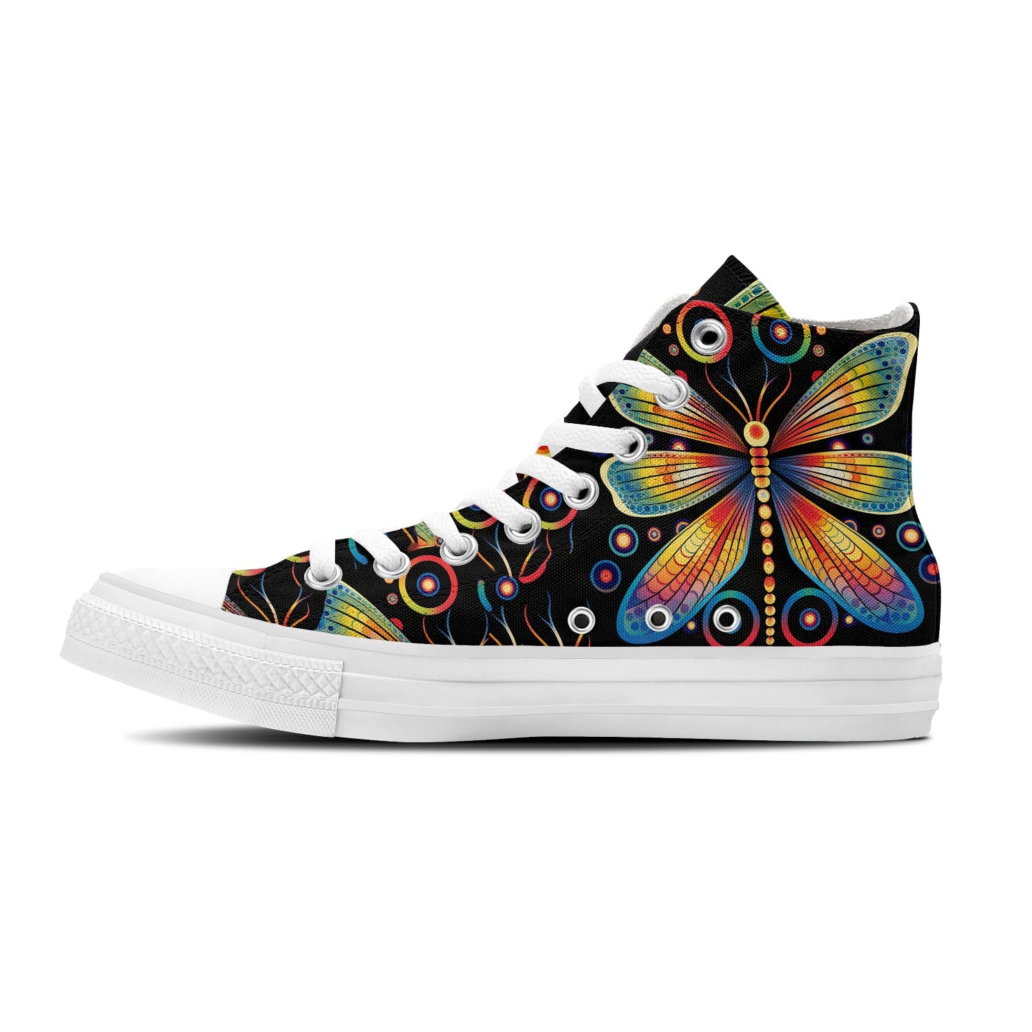 Whimsical Flyers: Zapatillas de lona de media caña para hombre y mujer -Adéntrate en un mundo de divertidas imágenes de libélulas de Op Art y da rienda suelta a tu estilo