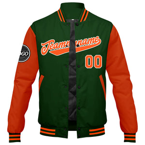 Chaqueta universitaria personalizada estilo Letterman para hombres-mujeres y jóvenes-color verde oscuro y naranja