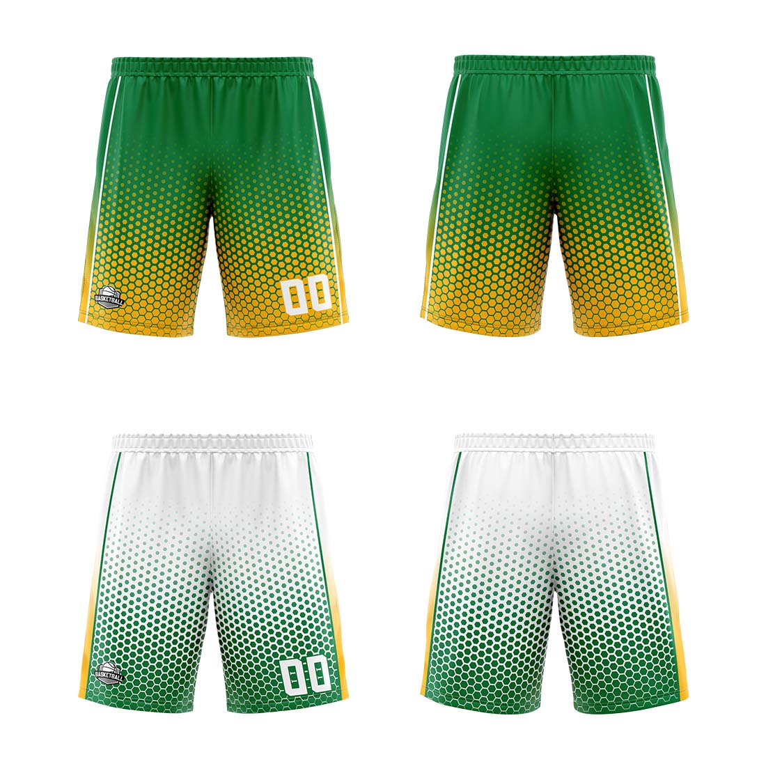 Traje de baloncesto reversible personalizado verde-amarillo y blanco para adultos y niños