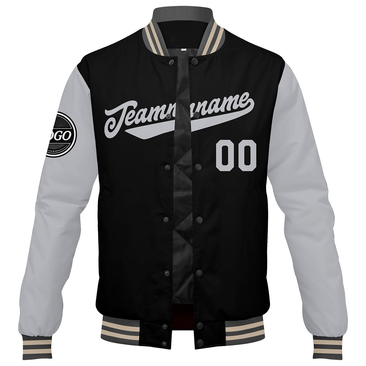 Chaqueta universitaria personalizada estilo Letterman para hombres-mujeres y jóvenes en color gris-negro y crema