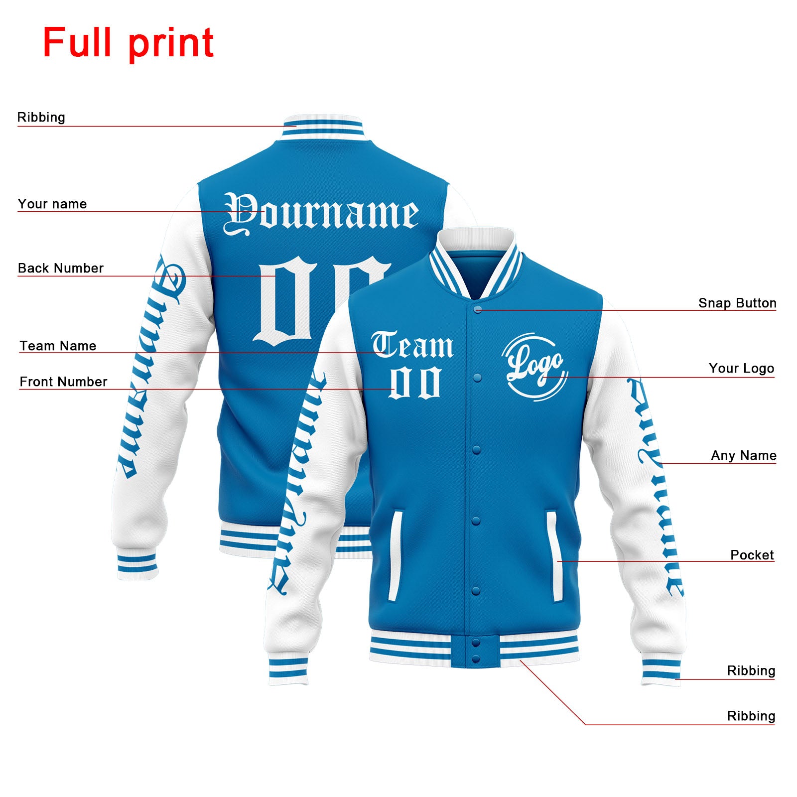 Chaqueta universitaria personalizada estilo Letterman para hombres-mujeres y jóvenes-color azul y blanco