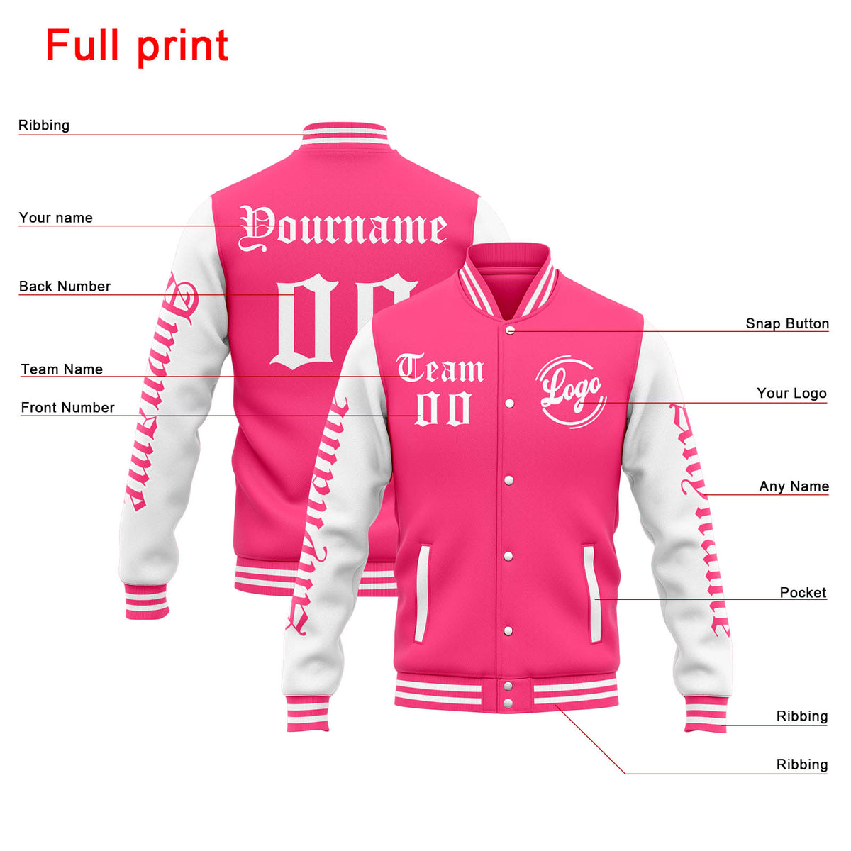 Chaqueta universitaria personalizada estilo Letterman para hombres-mujeres y jóvenes-color rosa y blanco