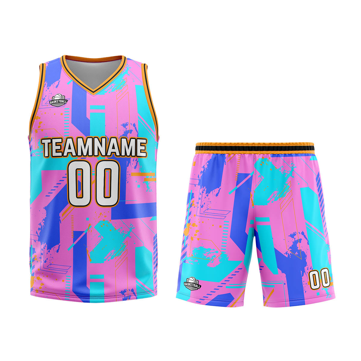 Uniforme de baloncesto rosa y azul con diseño geométrico personalizado-estampado con tu logotipo-nombre y número