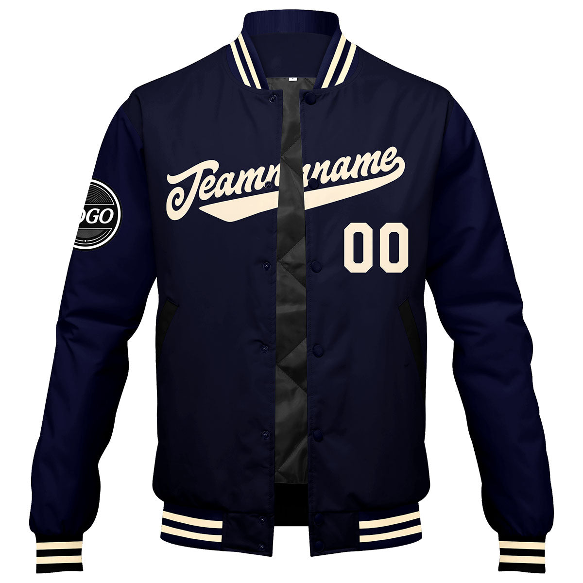 Chaqueta universitaria personalizada estilo Letterman para hombres-mujeres y jóvenes-color azul marino y crema