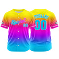 Dise?o personalizado de camiseta de béisbol con estampado completo en azul claro morado y amarillo