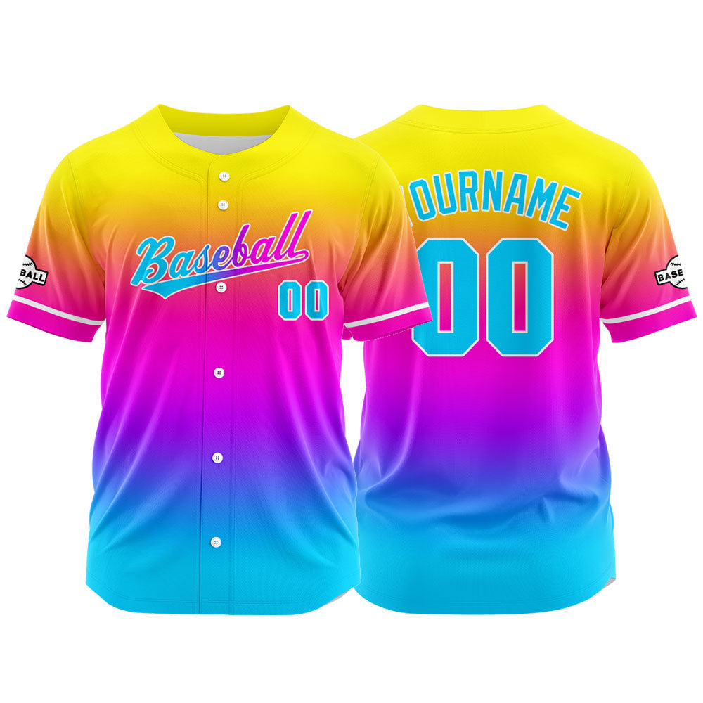 Dise?o personalizado de camiseta de béisbol con estampado completo en azul claro morado y amarillo