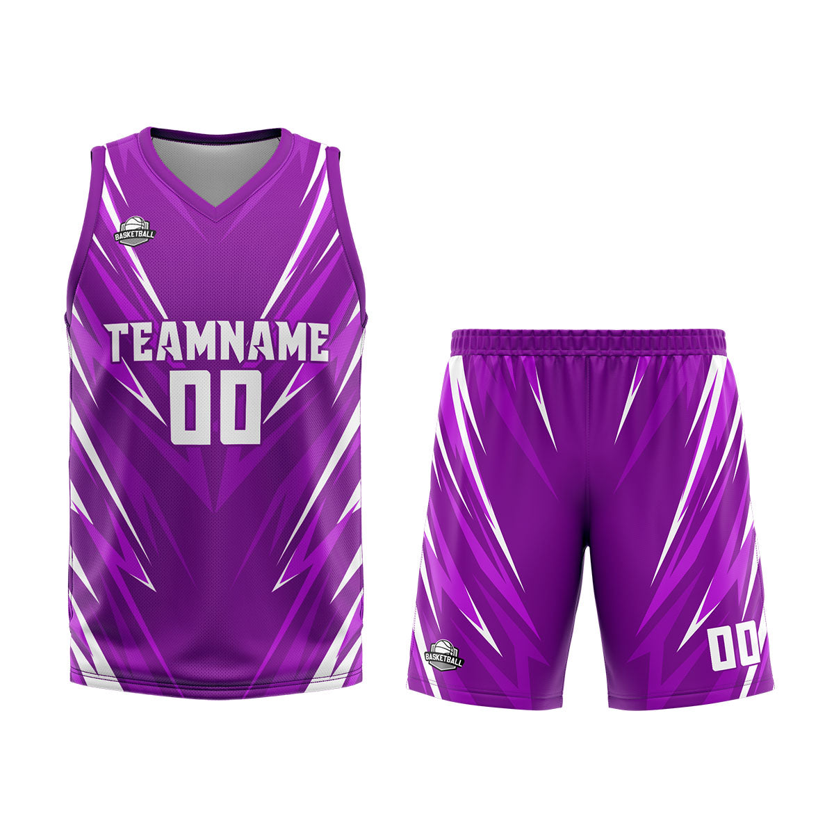 Uniforme de baloncesto personalizado con triángulo morado y estampado de tu logotipo-nombre y número