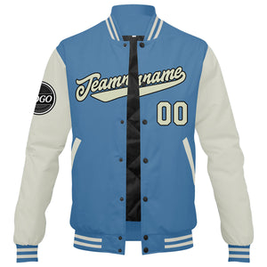Chaqueta universitaria personalizada estilo Letterman para hombres-mujeres y jóvenes-color azul claro y crema
