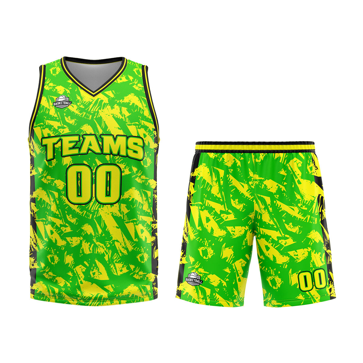 Uniforme de baloncesto personalizado verde y amarillo roto con tu logotipo-nombre y número impresos