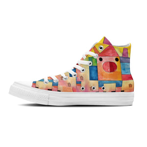 Elegancia Porcina: Da rienda suelta a tu creatividad con estas zapatillas de lona de caña alta: moda unisex adornada con el cautivador y divertido estampado artístico de cerdos