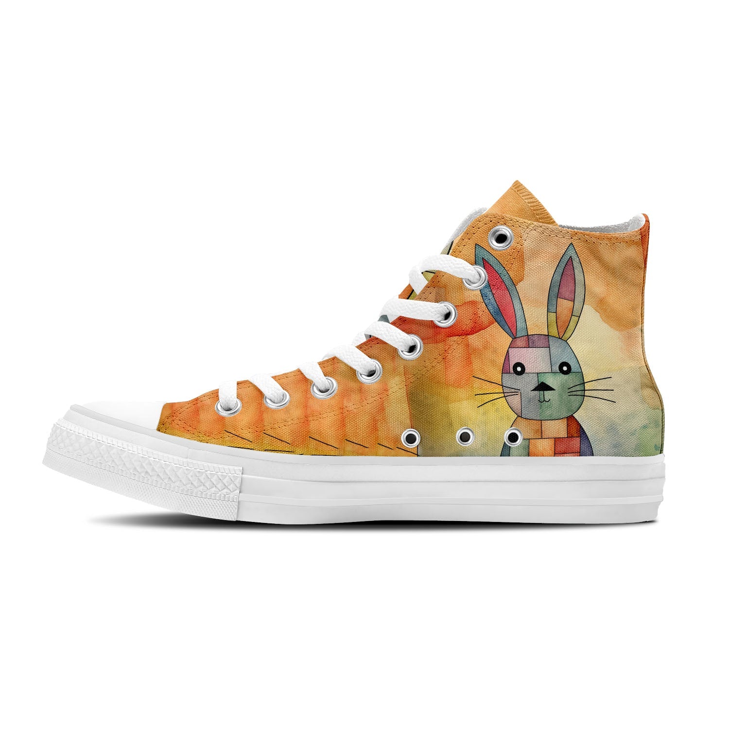 Whimsical Hops: Zapatillas unisex de media caña de lona -Adéntrate en un mundo artístico y maravilloso con divertidos estampados de conejos para hombres y mujeres