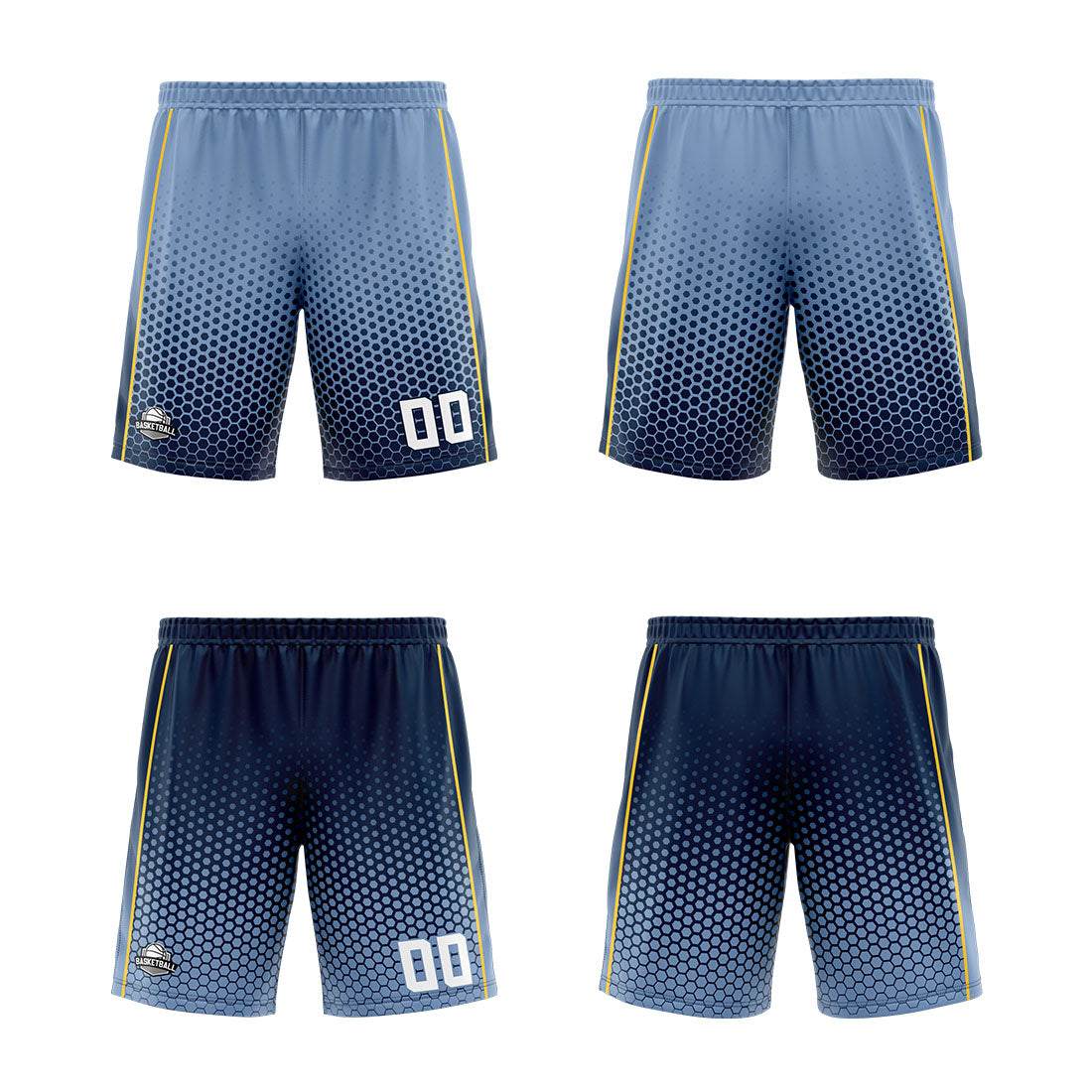 Traje de baloncesto reversible personalizado en azul marino y amarillo para adultos y niños