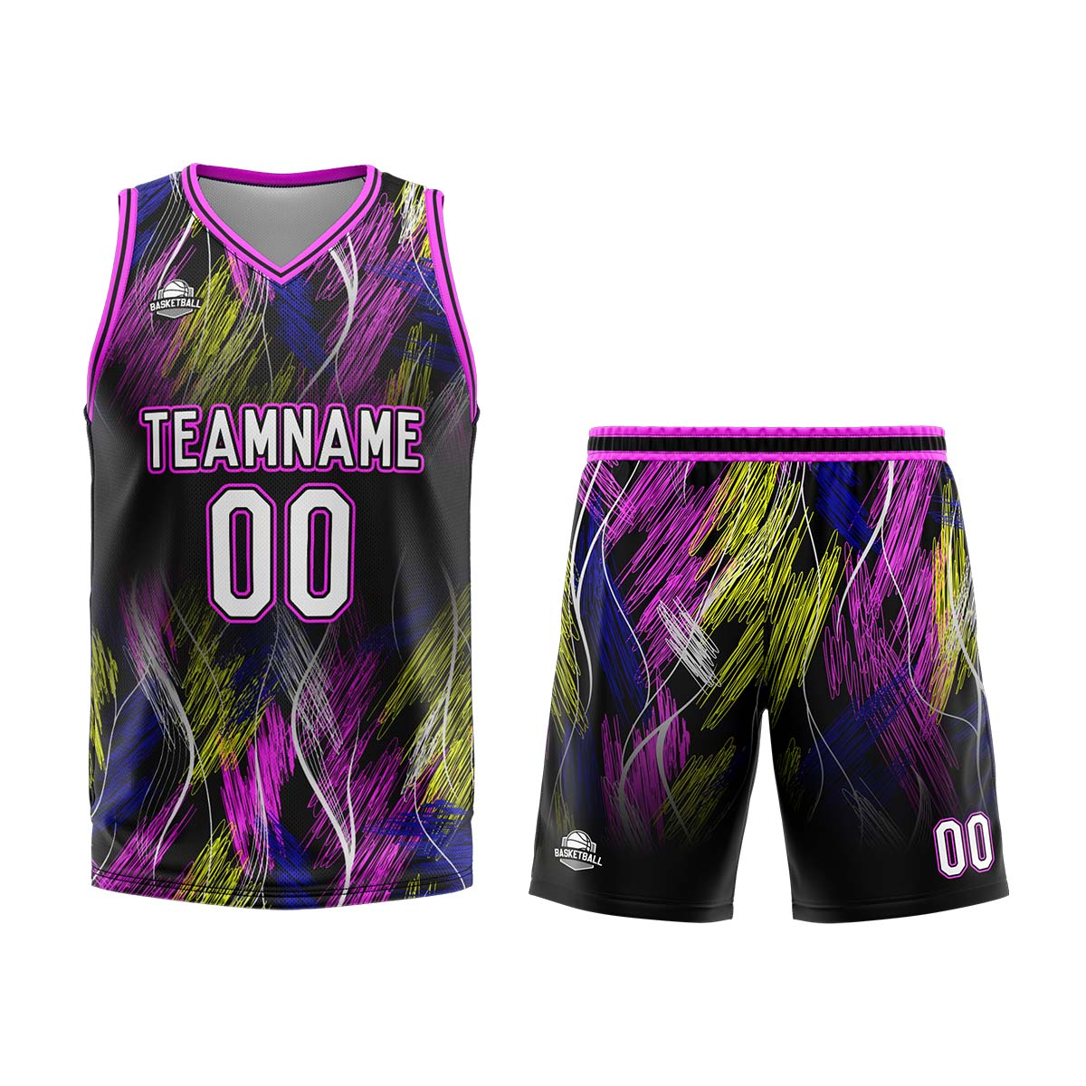 Uniforme de baloncesto personalizado en negro y rosa con tu logotipo-nombre y número impresos