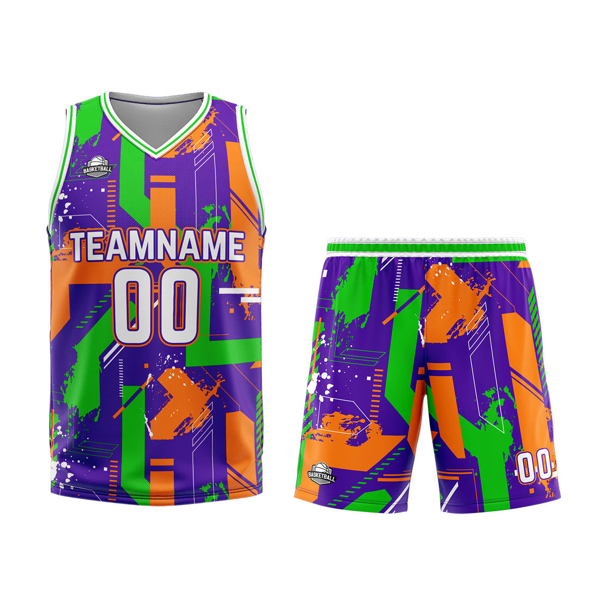 Uniforme de baloncesto personalizado de geometría púrpura y naranja con tu logotipo-nombre y número impresos